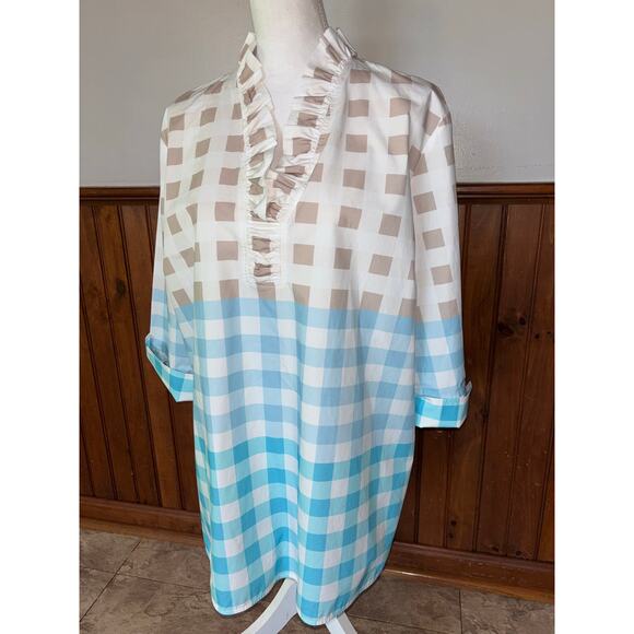 Womens Ming Wang Ruffled Cotton Gingham Blouse Blue‎ Tan 3/4 Sleeve Size XL - Picture 3 of 8